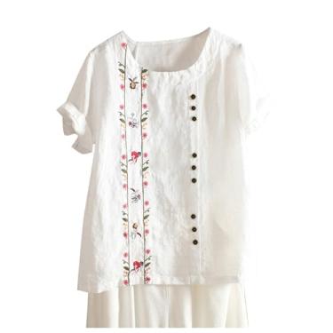 Imagem de Lainuyoah Camisetas vintage femininas modernas de linho de algodão boho manga enrolada gola redonda casual estampada/bordado blusa verão, G - branco, 3G