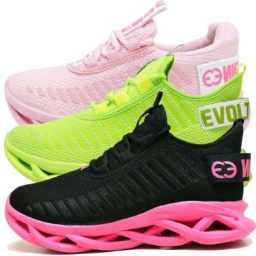 Imagem de Tênis Feminino Solado Confort Trançado Esportivo - 3 Pares (Verde e Rosa, BR, Adulto, Numérico, 34)