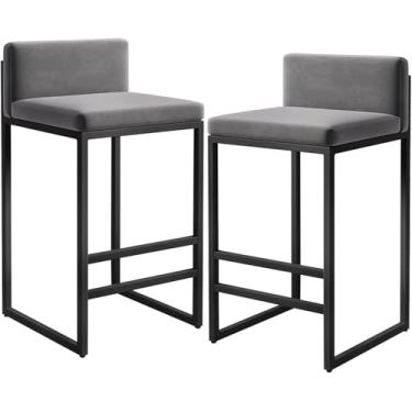 Imagem de Banco de bar de veludo com encosto e apoio para os pés de metal preto, banco alto estofado moderno, cadeiras de bar, sala de jantar, banco de altura da ilha para café da manhã, balcão, bistr