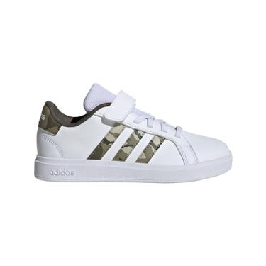 Imagem de adidas Tênis infantil unissex Grand Court 2.0 de renda elástica, Branco/Olive Strata/Shadow Olive, 14