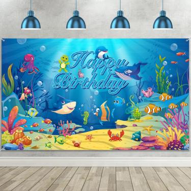 Imagem de Faixa de aniversário sob o mar, decoração de festa de animal oceano, pano de fundo, foto de fundo, tubarão, golfinho, decoração subaquática, suprimentos para crianças, festa de aniversário, chá de
