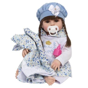 Imagem de Bebe Tipo Reborn Menina Linda Vestido Azul Enxoval 13 Itens - Cegonha 