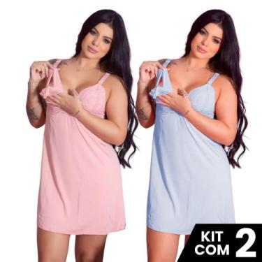 Imagem de Kit 2 Camisolas Amamentação Curta Gestante Com Fecho Pós Parto Saída M