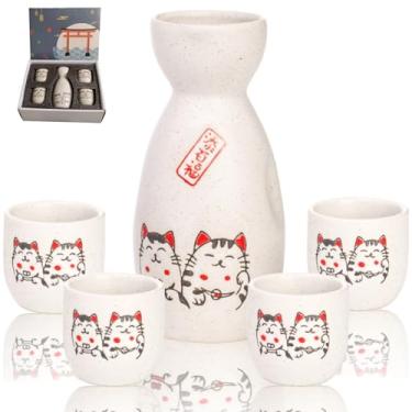 Imagem de Tlence Conjunto de 5 peças de saquê japonês de cerâmica, copos fofos de saquê Maneki Neko, conjunto de saki com 1 garrafa de porção, 4 xícaras em padrão Lucky Fortune Cat para bebida quente, decoração
