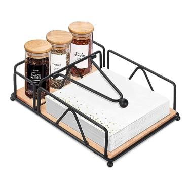 Imagem de Porta-guardanapos de madeira preto para mesa, prateleira de armazenamento de saleiro e pimenteiro, dispensador de lenços organizador de armazenamento de guardanapos de bancada para cozinha, mesa de