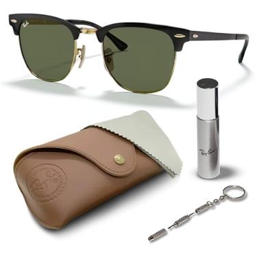 Imagem de Ray-Ban RB3716 CLUBMASTER Óculos de sol quadrados de metal com kit de óculos – almofadas de nariz ajustáveis – Óculos de sol quadrados, Armação preta polida em ouro | Lente verde G-15, 51 mm