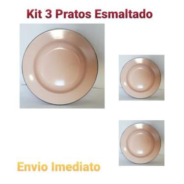 Imagem de 3 Pratos  Esmaltado Ágata  Original  N.22 Metallouça Cor Rosa Bebê
