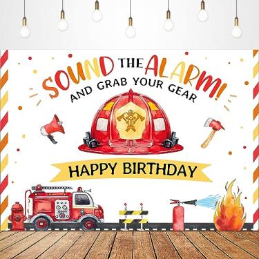 Imagem de Glawry Pano de fundo de feliz aniversário para fotografia 18 cm L x 15 A pés som o alarme chapéu bombeiros legal para meninos crianças vermelho amarelo decorações de festa sessão de fotos fundo cabine de fotos estúdio