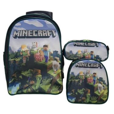 Imagem de Kit Mochila Infantil Minecraft Rodinha, Lancheira Termica e Estojo - n