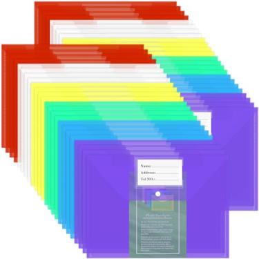Imagem de NACHLYNN Pacote com 48 envelopes de plástico, envelopes de poliéster, 6 cores, tamanho A4, envelopes de arquivo com etiqueta, pastas de documentos, organizadores de documentos com fecho de pressão,