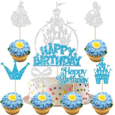 Imagem de Gyufise 25Pcs Castle Cake Topper Frozen Happy Birthday Snowflake Cupcake Toppers Winter Wonderland Cake Decorations for Princess Happy Birthday Baby Shower New Year Party Supplies Blue Silver