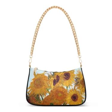 Imagem de Bolsa de ombro feminina Van Gogh girassol Hobo Bolsa pequena clutch com fecho de zíper 15, Multi, 7.1x11x2.8in
