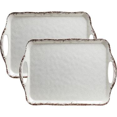 Imagem de LEHAHA Bandeja de servir grande branca vintage com alças, 43,8 x 30,5 cm, conjunto de 2 travessas de melamina para servir comida, peru, biscoito, bandejas retangulares para comer, acabamento rachado