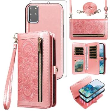 Imagem de Asuwish Capa de celular para Samsung Galaxy S20 Plus S20+ 5G com zíper carteira celular com alça protetora de tela de vidro temperado, porta-cartões de flores S20+5G S20plus 20S + S2O S 20 20+ G5