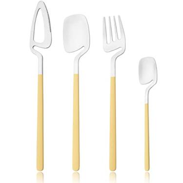 Imagem de Snplowum Conjunto de talheres domésticos de 24 peças, utensílios de cozinha de aço inoxidável 18/10 de metal fosco com alças coloridas agradáveis para 6 pessoas, caixa de presente embalada (prata amarela)
