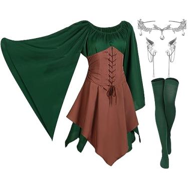 Imagem de Haysandy 4 peças de fantasia de elfo renascentista tradicional irlandês vestido orelhas de fada para cosplay de Halloween, Verde, marrom, Large