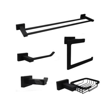 Imagem de Kit Acessórios Quadrado Luxo Banheiro Inox 5 Peças Preto