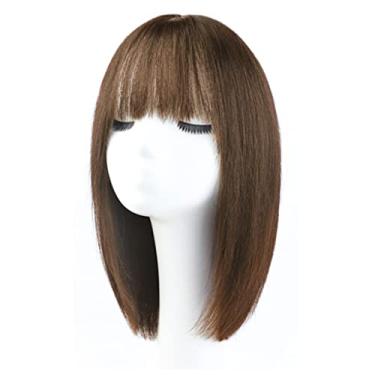 Imagem de Lindo Perucas pretas longas e retas para mulher peruca longa de cabelo humano com franja perucas retas de comprimento médio em camadas para mulheres negras cabelo humano (16"/42 cm) Ajustável