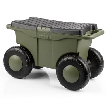 Imagem de Pure Garden Carrinho de jardim com assento - armazenamento de plástico com banco e bandeja de ferramentas interna - Banco de jardinagem para capina e plantio (verde)