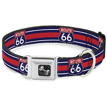 Imagem de Coleira de cachorro com fivela de cinto de segurança Route 66 Placa de estrada listrada, azul, branco, vermelho, 28 a 43 cm de largura