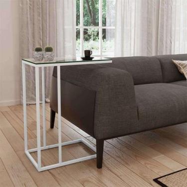 Imagem de Mesa Lateral Industrial Encaixe Elena Vidro Branca - MOVEIS IBERIA
