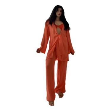 Imagem de Blusa E Calça Em Tecido Leve  Saída De Praia Lisa - NoBrand, Laranja, 