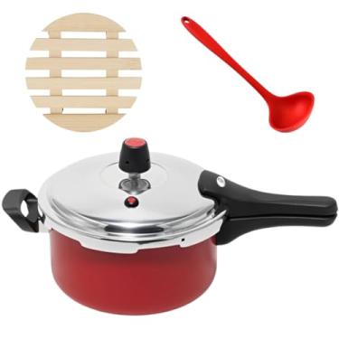 Imagem de Panela de Pressão 3 Litros Antiaderente Fechamento Externo + Descanso Redondo + Concha de Silicone Vermelha
