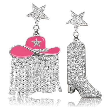 Imagem de Brincos femininos de cowgirl com strass brilhante, chapéu esmaltado de caubói, borlas, brinco, prata, estrela, orelha, bota, country, rodeio, festa, concerto, joias, para adultos, Zinco, Strass