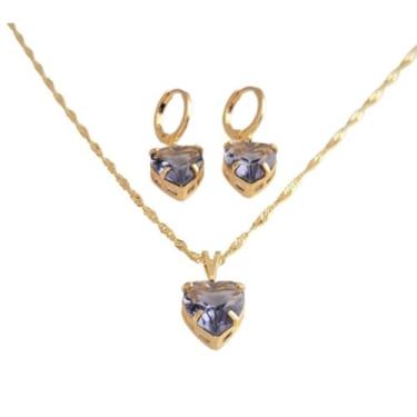 Imagem de Conjunto Colar e Brinco Pedra Cristal Coração Lilás Folheado Ouro 18k Antialérgico