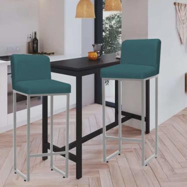Imagem de Kit 02 Banqueta Alta Com Encosto Lucca -60cm chão até o assento Industrial Ferro Cinza Corino Azul Turquesa - Ahazzo Móveis