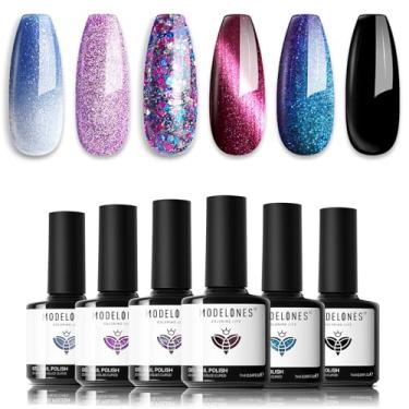 Imagem de modelones Conjunto de esmalte de gel com glitter, 6 cores, azul que muda de cor vermelha olho de gato esmalte de gel magnético camaleão temperatura reflexiva preto rosa esmalte de imersão LED arte