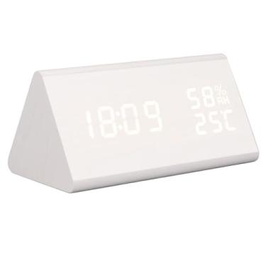 Imagem de Despertador de Madeira Com Dígitos de LED, 11 Tons de Alarme, Material MDF e ABS, Controle de Voz e Função de Alarme de Fim de Semana para o Quarto (Madeira branca)