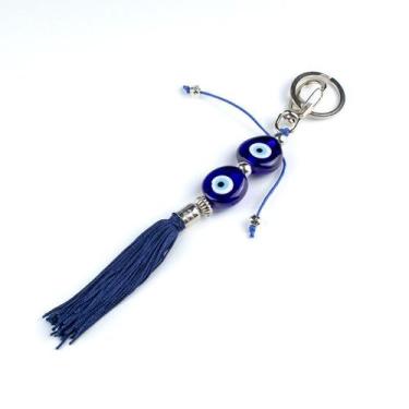 Imagem de Chaveiro Olho Grego Duplo Murano Azul Pompom - Lua Mística - 100% Orig