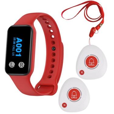 Imagem de WNKRUN Sistema de chamada de pager sem fio para cuidadores, sistema de alerta de enfermeira com 1 pager de relógio e 2 botões de chamada de 2 teclas
