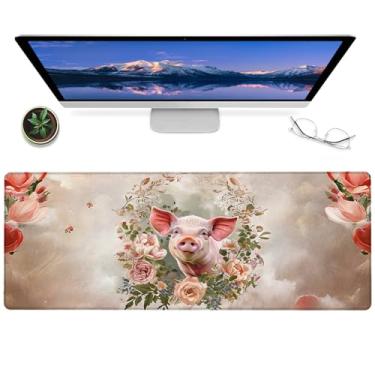 Imagem de ainori Tapete de mouse para jogos de porco, 30 x 80 cm, tapete de mesa floral retrô de borracha antiderrapante, grande, com flor de porquinho, vintage, para escritório, casa, presentes, tapete de mesa