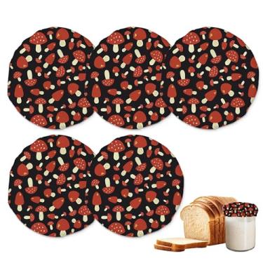 Imagem de Tampas de pote para iniciantes Sourdough, pacote com 5 tampas reutilizáveis de pano de cogumelos vermelhos para potes de 7 a 10 cm, ideal para kefir de kombucha ou fermentação de queijo