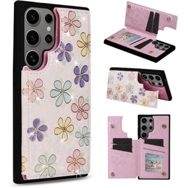 Imagem de UEEBAI Capa carteira para Samsung Galaxy S24 Ultra 5G com porta-cartões, capa floral de couro PU com suporte e bloqueio de RFID fecho magnético duplo Rilievo Flower Flip Case para mulheres meninas