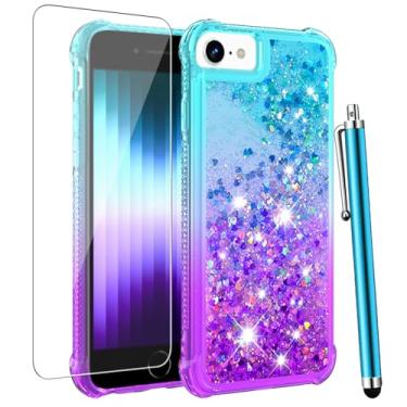 Imagem de CAIYUNL Capa para iPhone SE 2022/3ª/2020/2ª geração, capa para iPhone 7/8, com protetor de tela de vidro temperado, glitter, líquido, flutuante, fofo, feminino, meninas, TPU (poliuretano