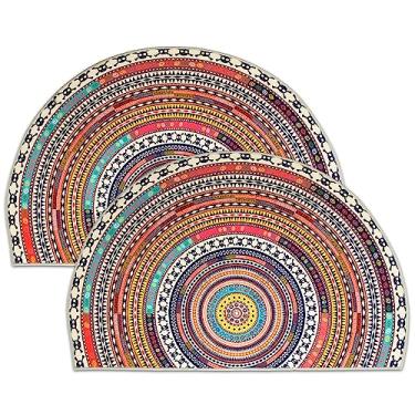 Imagem de 2 peças tapete de porta de boas-vindas meia redonda, 61 cm x 91 cm, estilo boêmio, capacho de boas-vindas para ambientes internos, tapete de entrada para sala de estar, quarto, tapete de entrada, tapetes boêmios marrocos (61 x 91 cm, 2)
