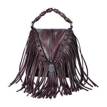 Imagem de ZLYC Bolsa feminina de couro com alça de mão de bambu com franja e franja, Coffee, One Size