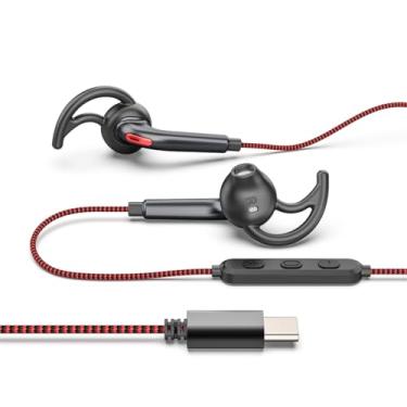 Imagem de ANFLOWE Fones de ouvido USB C com fio para corrida esportiva, fones de ouvido intra-auriculares com microfone, ajuste seguro, cabo trançado sem emaranhados, som puro, fones de ouvido tipo C com