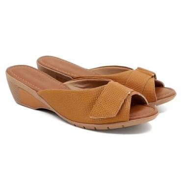 Imagem de Tamanco Usaflex Anabela Couro Mini Tressê - Caramelo - 34