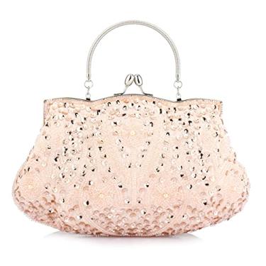 Imagem de SSMY Bolsa clutch grande com flores de lantejoulas e contas, Rosa pêssego, One Size