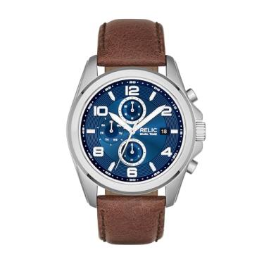 Imagem de Relic by Fossil Daley Relógio masculino casual de aço inoxidável e couro de quartzo, Prata/marrom, Movimento de quartzo