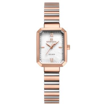 Imagem de NAVIFORCE Relógio feminino simples estilo retrô pulseira de aço inoxidável, caixa retangular vintage para mulheres com ferramenta de ajuste, Ouro rosa + branco + ouro rosa, Tendência