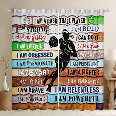 Imagem de Cortinas de janela infantis de basquete, competição de jogos esportivos de bola, cortinas de janela para meninas, meninos e adultos, prancha de madeira antiga inspiradora aquarela, tratamentos de