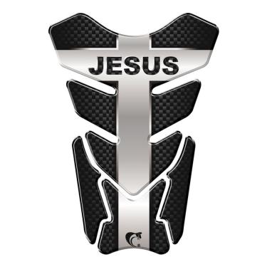 Imagem de Protetor De Tanque Adesivo Moto Honda Yamaha Suzuki Jesus Preto Prata