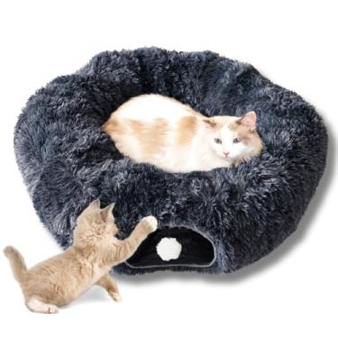 Imagem de Cama grande para túnel de caverna para gatos - Cama de túnel de donut para gatos com tapete macio e brinquedo de bola de pelúcia - Tubo fofo para gatos e donut de caverna de gato Peekaboo - túneis