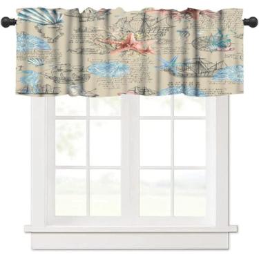 Imagem de Cortinas curtas vintage para janela costeira, tema náutico, praia, estrela-do-mar, concha, coral, para café, sala de jantar, cozinha, escritório, quarto, sala de estar, 137 x 45 cm