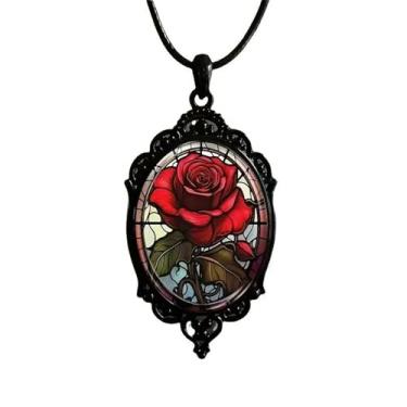 Imagem de IQIC Colar gótico de vidro rosa para mulheres, colar com pingente de morcego, corrente de corda, colares de gato preto, gargantilha de sol e lua, estilo punk escuro, conjunto de colares de camafeu